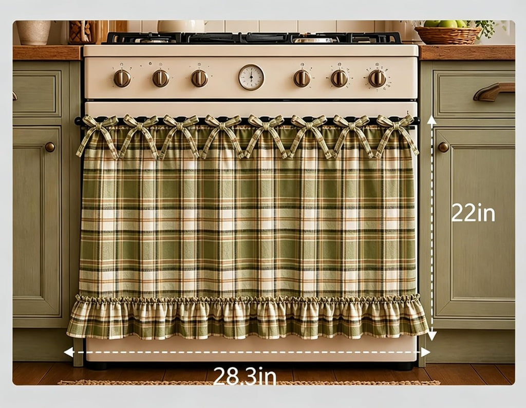 Handmade Farmhouse Hidden Skirt Curtain, Tie Top Heat‑Resistant Kitchen Curtain with Ruffles & Ribbon Ties for Oven, Stove & Dishwasher, Rustic Kitchen Décor (Brown, 22" W x 28" L)