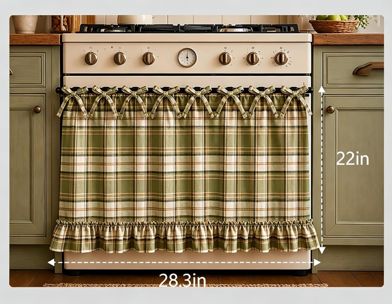 Handmade Farmhouse Hidden Skirt Curtain, Tie Top Heat‑Resistant Kitchen Curtain with Ruffles & Ribbon Ties for Oven, Stove & Dishwasher, Rustic Kitchen Décor (Brown, 22" W x 28" L)
