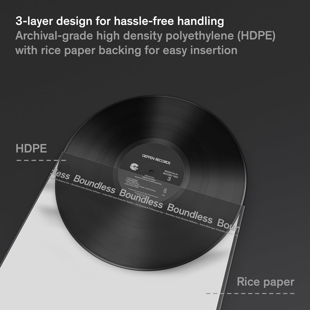 Boundless Audio Vinyl Record Sleeves - 100 x Premium Vinyl Inner Sleeves with Anti-Static Rice Paper & HDPE - Archival 3-Layer Record Covers for 12" LPs - Acid-Free Polylined Album Covers for Storage