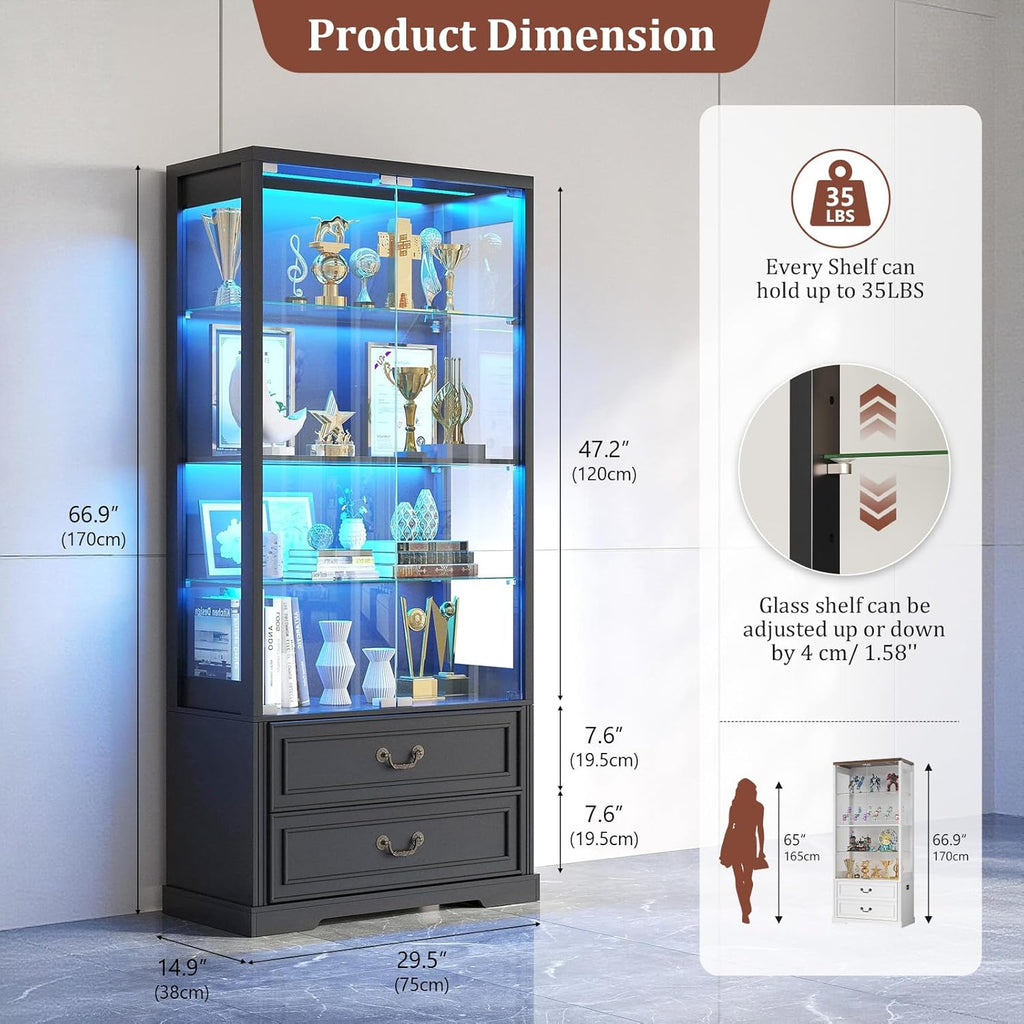 FREDEES Display Cabinet with Glass Doors,67" Adjustable Display Shelf with 2 Drawers and 4 Tier Curio Cabinet,Tall Bookcase with 3 Color Lights and Human Body Sensor for Toys,Books（Black）