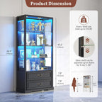 TAGELIER 67" Tall Display Cabinet with Glass Doors and 2 Drawers | Curio Cabinet with Motion Sensor, Led Light Display Cases for Collectibles and Books, China Display Shelf for Living Room