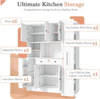 70 Inch Buffet with Hutch and Pull-Out Side Cabinet, White | White P2 MDF, kitchen or dining room, 7-tier side organizer, door shelves, adjustable shelves, open workstation, 52.8 in W