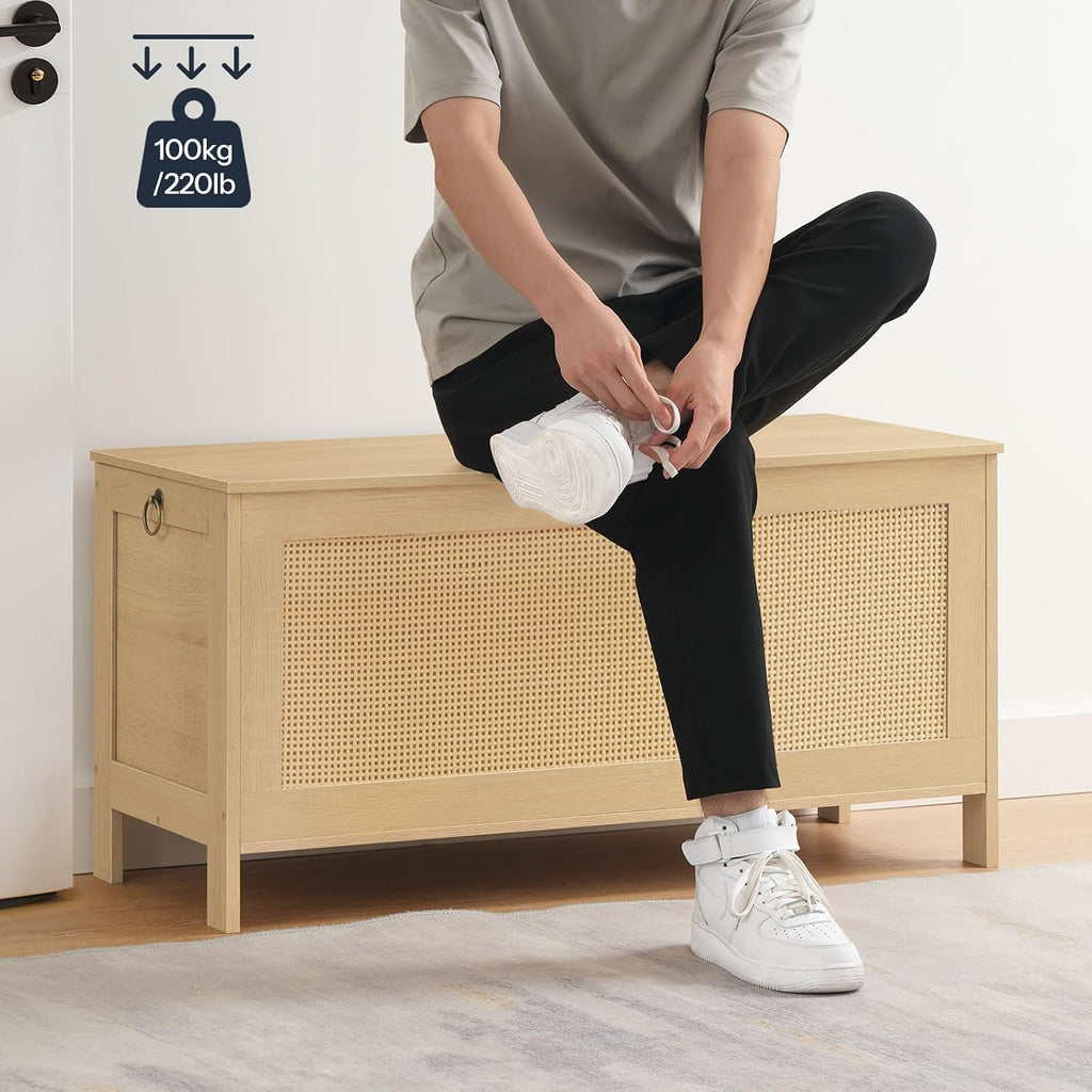 HOOBRO 39.4'' Storage Bench, Large Toy Box, Storage Chest with Faux Rattan Decoration, Toy Storage Organizer, Safety Hinge and Sturdy Support, for Living Room, Bedroom, Natural NL101CW01