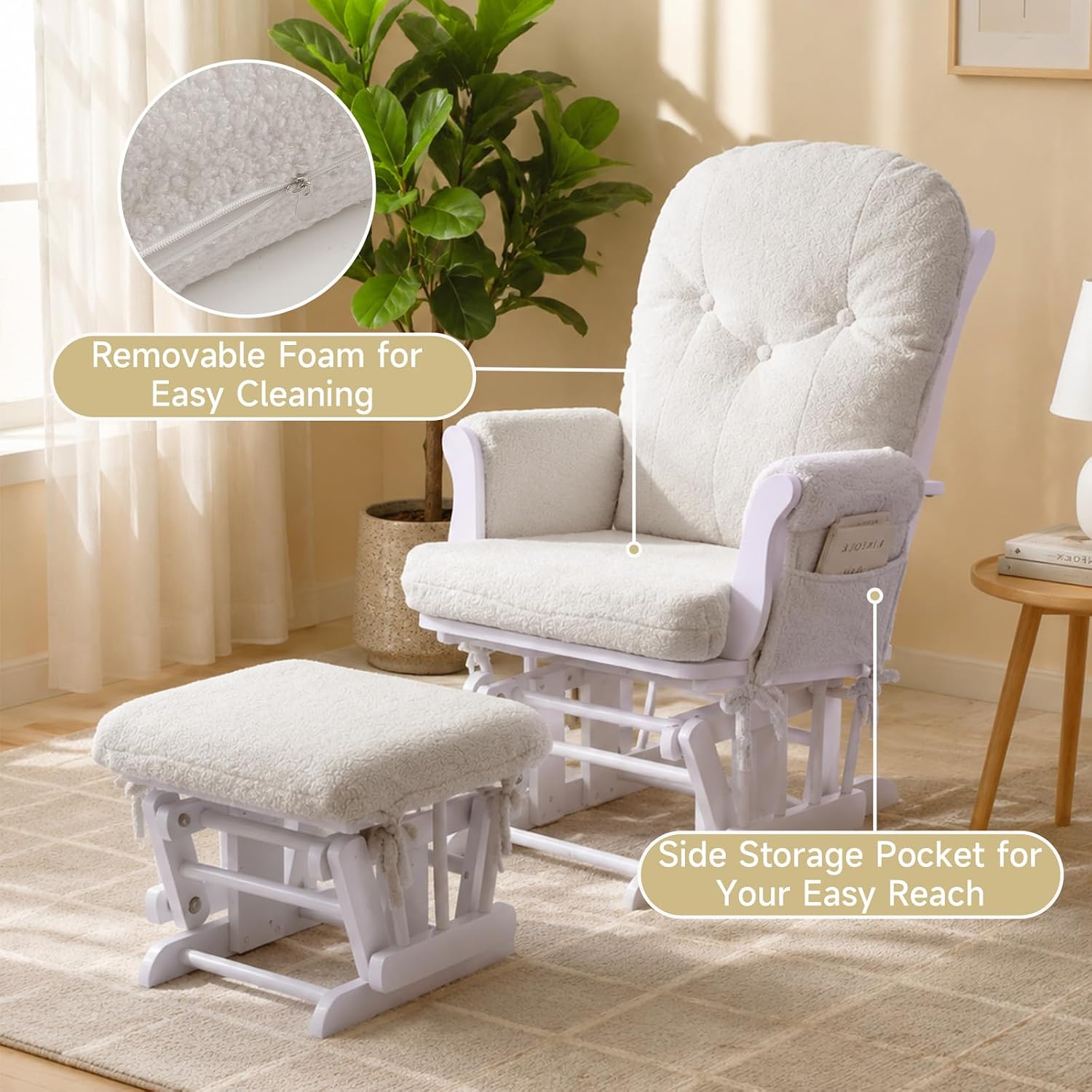 5PCS Glider Rocker Replacement Cushions with Ottoman Cover, Tufted High Back & Teddy Plush Rocking Chair Cushion Set, Thickened 3.5'' Glider Cushions with Side Pockets for Indoor Nursery, Cream