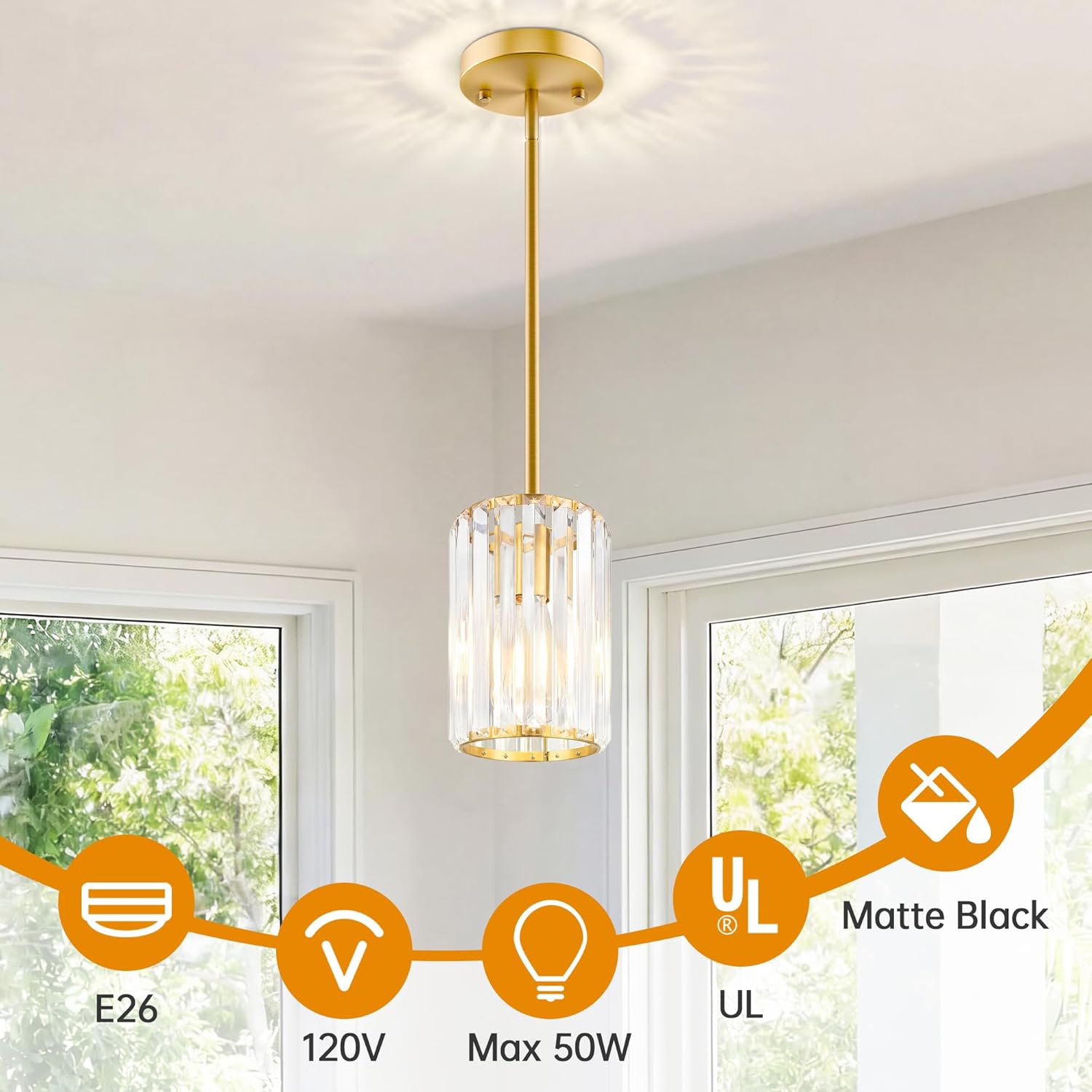 Gold Pendant Light, Modern Crystal Pendant Lights Kitchen Island, Kitchen Island Lighting with Adjustable Height, UL Certified Island Lights for Kitchen Dining Room Bedroom Hallway 3 Pack