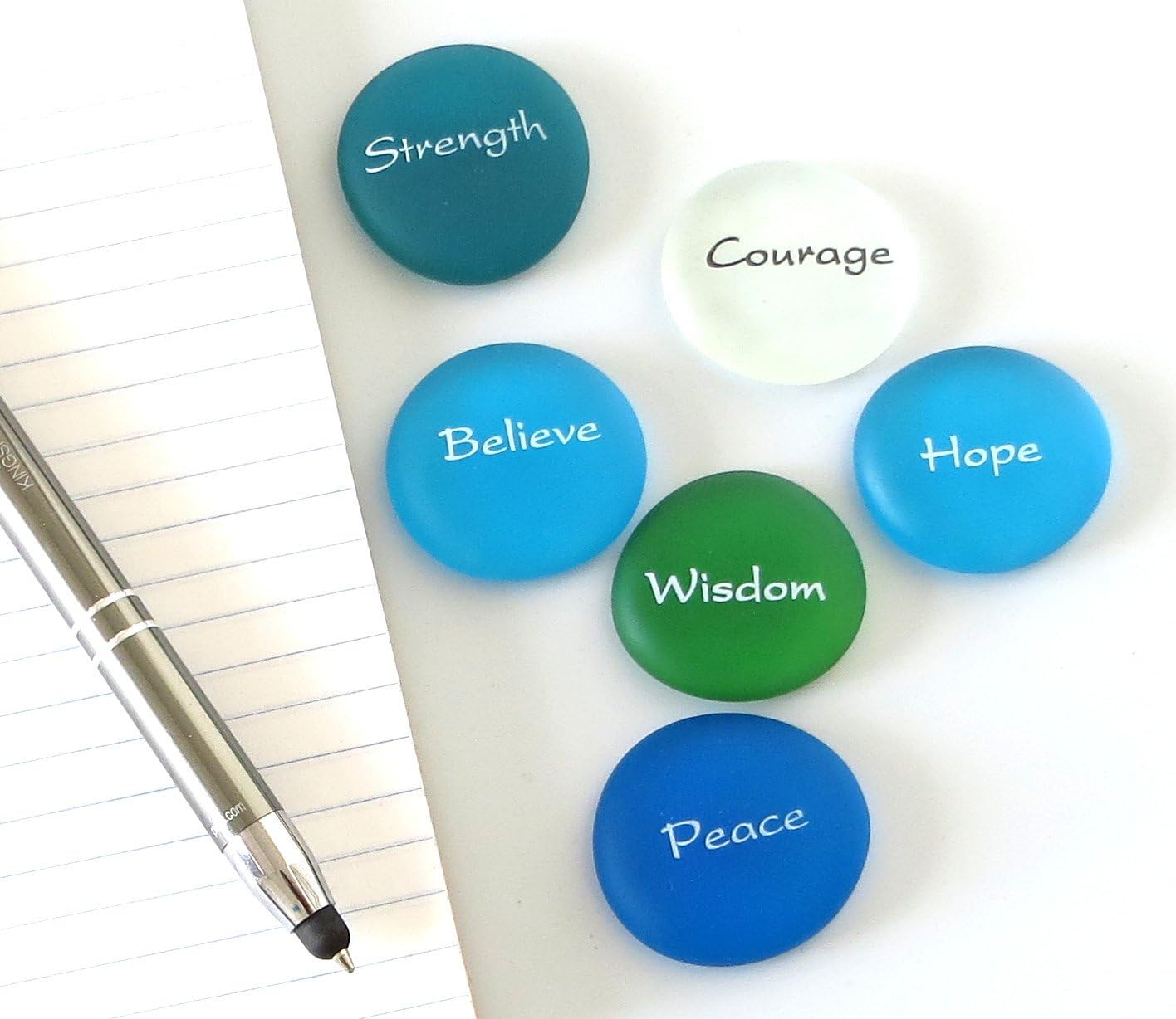 The Mermaid's Message I, Frosted Sea Glass Stones, Six Inspiring Words in Beach Colors, by Lifeforce Glass.