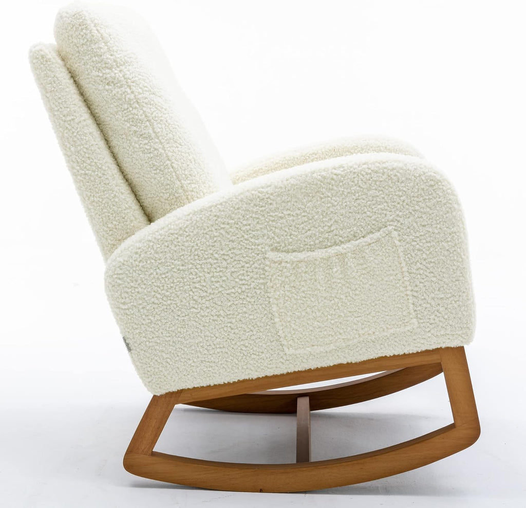 Modern Rocking Chair, Oversized Glider Recliner with High Backrest & Side Pocket, Upholstered Nursery Accent Chair for Living Room, Bedroom, Nursery, Solid Wood Legs (White Teddy)