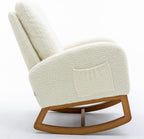 Modern Rocking Chair, Oversized Glider Recliner with High Backrest & Side Pocket, Upholstered Nursery Accent Chair for Living Room, Bedroom, Nursery, Solid Wood Legs (White Teddy)