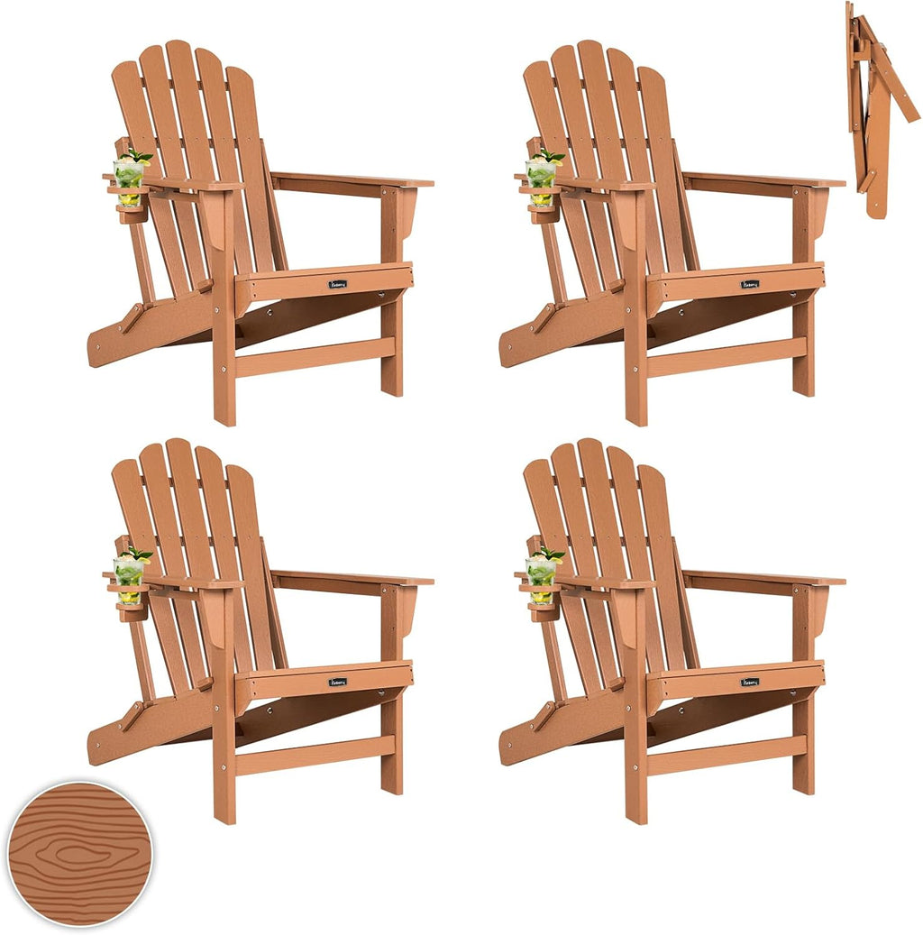 FUNBERRY Folding Adirondack Chair Set of 4, Fire Pit Chairs with Cup Holder | Wood-Grain, HDPE All Weather, Quick-Folding, No Rot, UV Fade Shield, 400LBS Weight Capacity, Easy-Clean for Outside