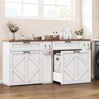Laundry Hamper Cabinet, Double Laundry Cabinet with Two 11 Gallon Baskets and Drawer, Pull-Out Storage Unit with Adjustable Shelves, Hooks, for Bathroom, Living Room, Kitchen, White and Walnut