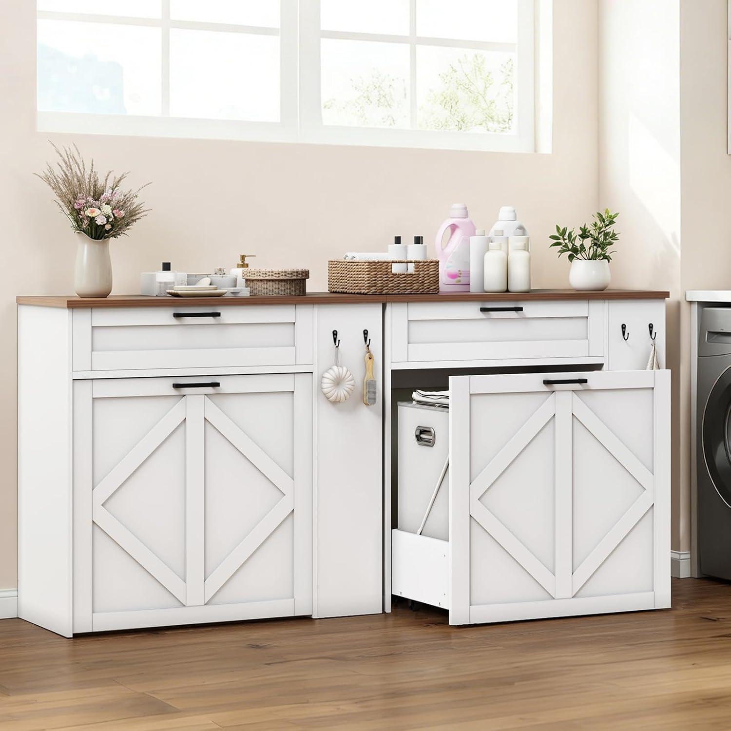 Laundry Hamper Cabinet, Double Laundry Cabinet with Two 11 Gallon Baskets and Drawer, Pull-Out Storage Unit with Adjustable Shelves, Hooks, for Bathroom, Living Room, Kitchen, White and Walnut