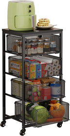 4-Tier Fruit Vegetable Storage Cart - Kitchen Organizer and Storage Cart with Wheels, Wooden Top Metal Wire Fruit Vegetable Rack Stand with Drawers to Storage Cans Snacks for Kitchen(Patent Pending)