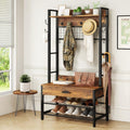 Recaceik Hall Tree with Bench and Shoe Storage, Entryway Coat Rack with Shoe Bench, Industrial Hall Tree with Drawers and 12 Hooks for Bedroom, Living Room