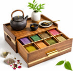 Acacia Wood Tea Bag Organizer 8 Compartment Storage Box & Organizer with Drawer Tea Bag Holder Container Chest,Coffee Station Sugar Packet Display for Countertop, Pantry, Office Cabinet