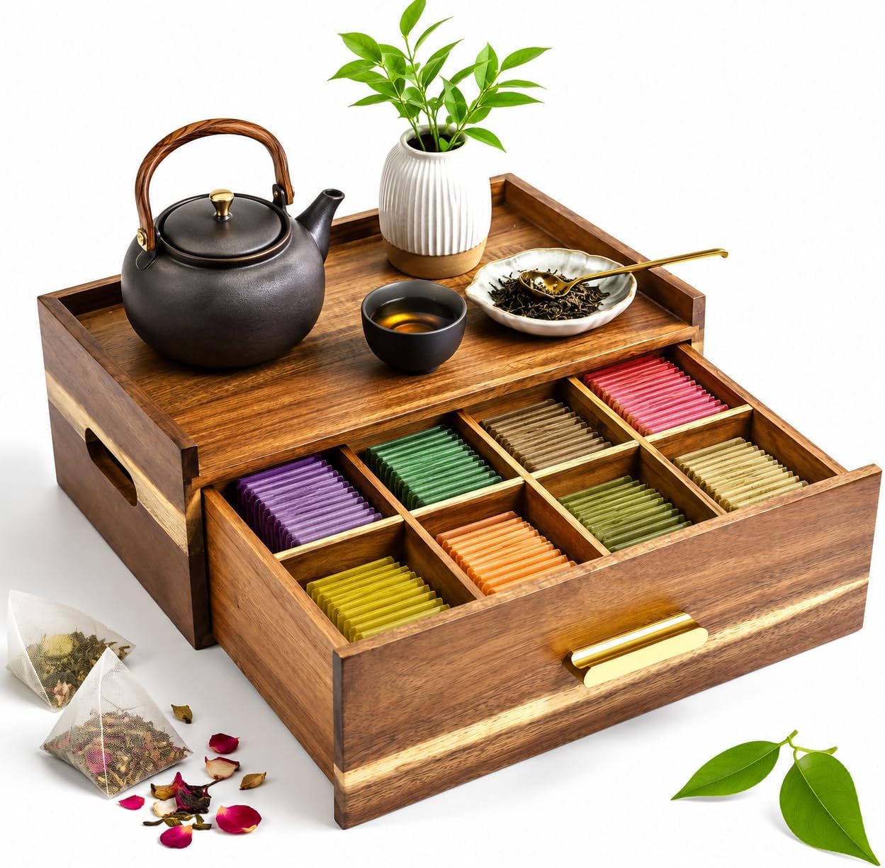 Acacia Wood Tea Bag Organizer 8 Compartment Storage Box & Organizer with Drawer Tea Bag Holder Container Chest,Coffee Station Sugar Packet Display for Countertop, Pantry, Office Cabinet