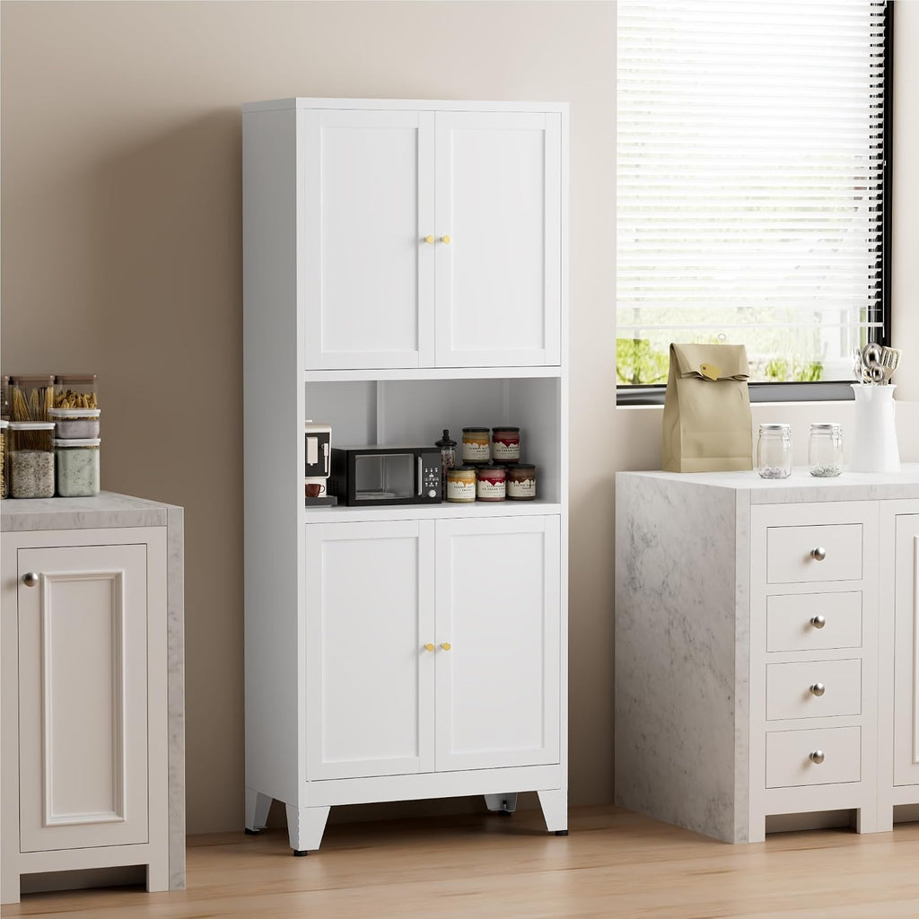 COFaR 69" Tall Modern Kitchen Pantry,Metal Storage Cabinet with Adjustable Shelves,Pantry Cabinet with 6-Tier,Freestanding Cupboard for Kitchen,Dining Room,Living Room,Bathroom,White
