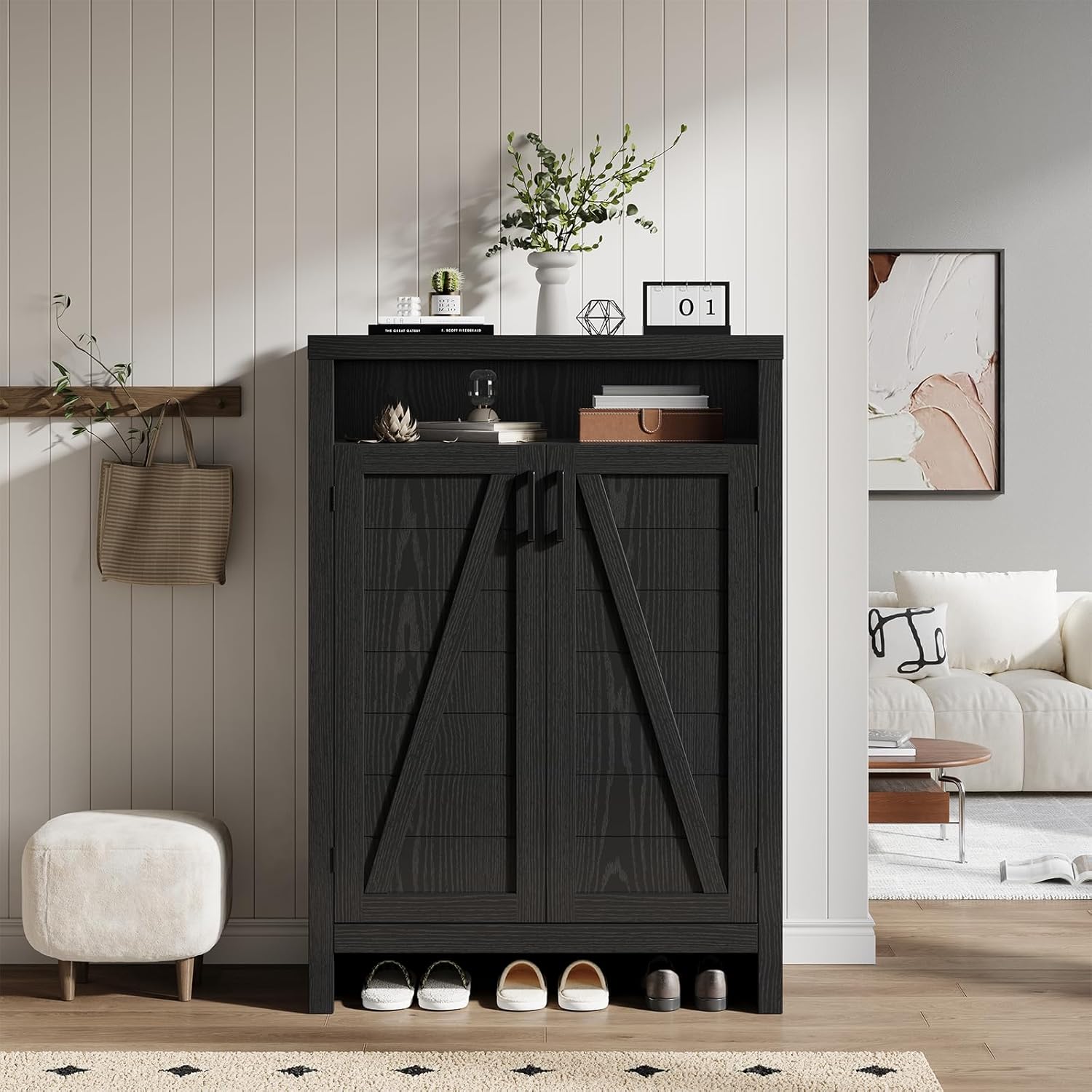ONBRILL 6-Tier Shoe Cabinet with Doors, Farmhouse Shoe Storage Cabinet with Adjustable Shelves, Large Capacity Wooden Shoe Rack Organizer for Entryway, Hallway, Living Room (Black)