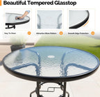VINGLI Round Patio Table with Umbrella Hole, 32" Outdoor Dining Table Steel Tempered Glass Patio Tables Round Outdoor Tables for Balcony Garden Deck