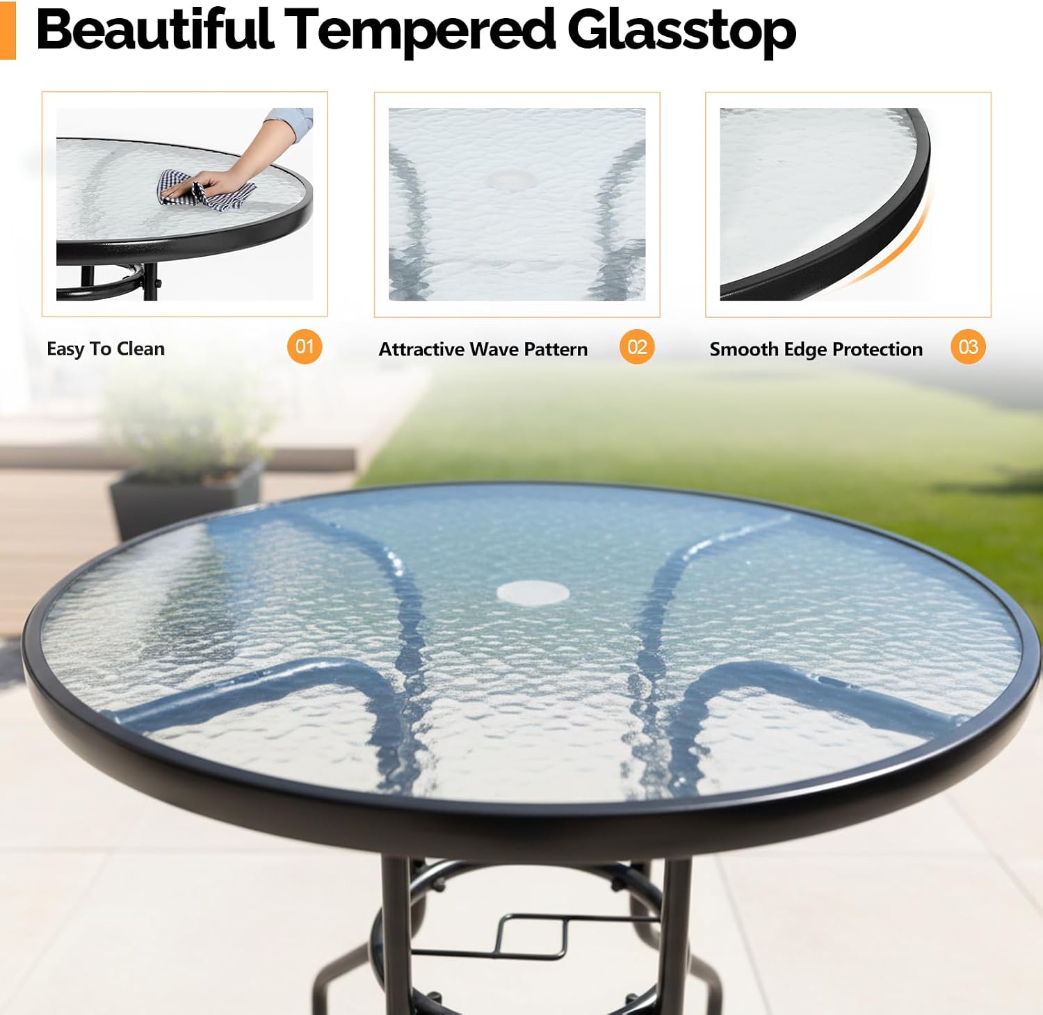 VINGLI Round Patio Table with Umbrella Hole, 32" Outdoor Dining Table Steel Tempered Glass Patio Tables Round Outdoor Tables for Balcony Garden Deck