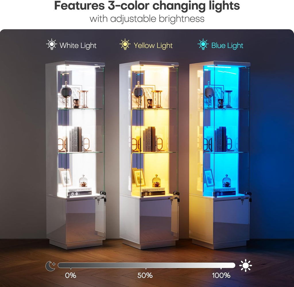 WOOVIVS 64.9" Glass Display Cabinet with Lock & 3-Color LED Lights, Tempered Glass Curio Cabinet with Mirror Back, Tall Display Shelf for Collectibles, Memorabilia (White)