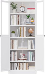 72" White Storage Cabinet Metal Kitchen Pantry Cabinet with Glass Doors & Adjustable Shelves,Freestanding Storage Organizer Utility Cupboard for Pantry, Kitchen, Bathroom