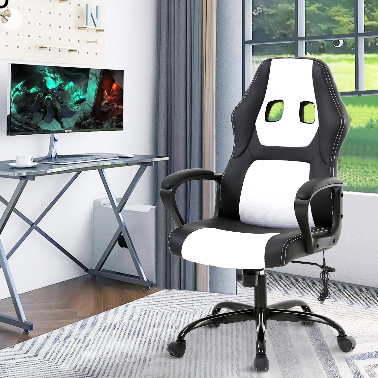 Gaming Chair Ergonomic Office Chair, High Back Racing Desk Chair with Lumbar Support Armrest, Adjustable Massage Reclining Computer Chair PU Leather Executive Task Rolling Swivel Chair for Adults