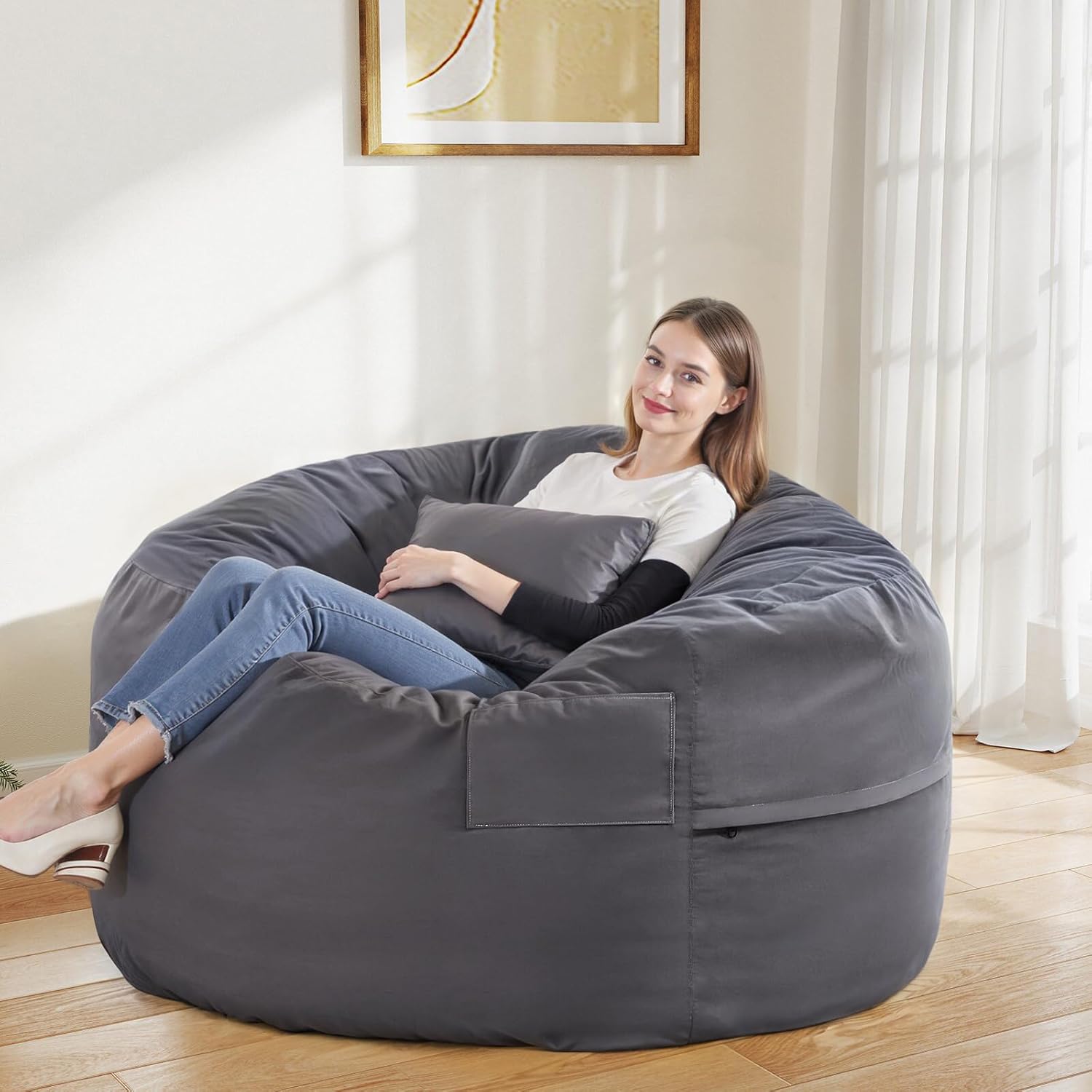 DUMOS 4FT Bean Bag Chair Beanbag for Adults and Kids Oversized Lazy Sofa Living Room Furniture with Removable Washable Cover Giant Comfy Gaming Chair Round Couch for Bedroom Dorm, Dark Grey