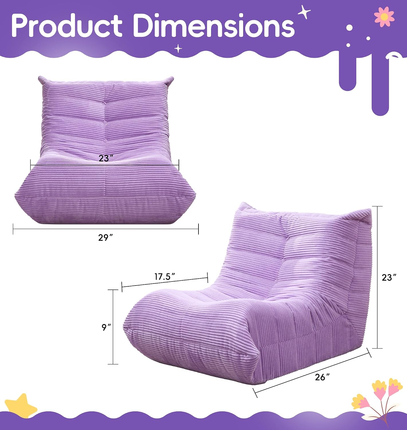 Hobestluk Large Bean Bag Chair for Teens Beanbag Couch with Spacious Design | Toddler Bean Bag Chair, Memory Foam Filler, Corduroy Cover, Ergonomic Design, For Reading, Gaming, Lounging, Large, Purple