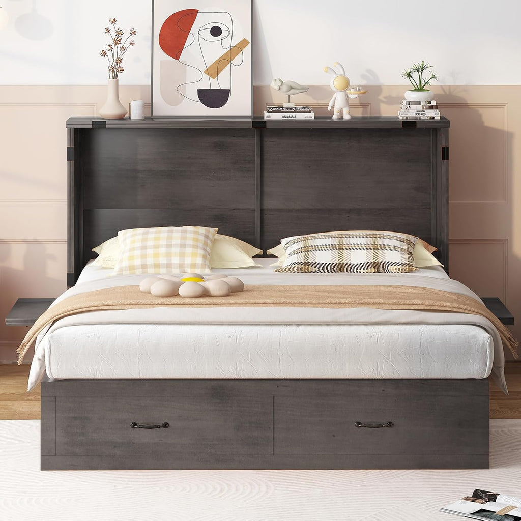 Mjkone Murphy Cabinet Bed, Queen Size No Mattress, Grey | Foldable Mattress, Guest Cabinet Murphy Beds with USB Ports, Cube Cabinets Chest Wall Beds with Drawers