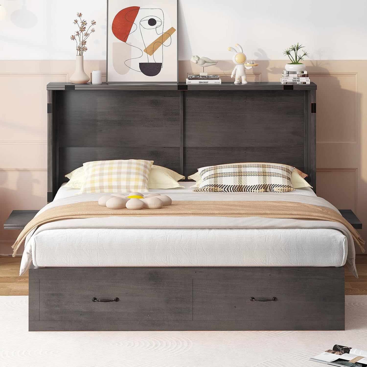 Mjkone Murphy Cabinet Bed, Queen Size No Mattress, Grey | Foldable Mattress, Guest Cabinet Murphy Beds with USB Ports, Cube Cabinets Chest Wall Beds with Drawers