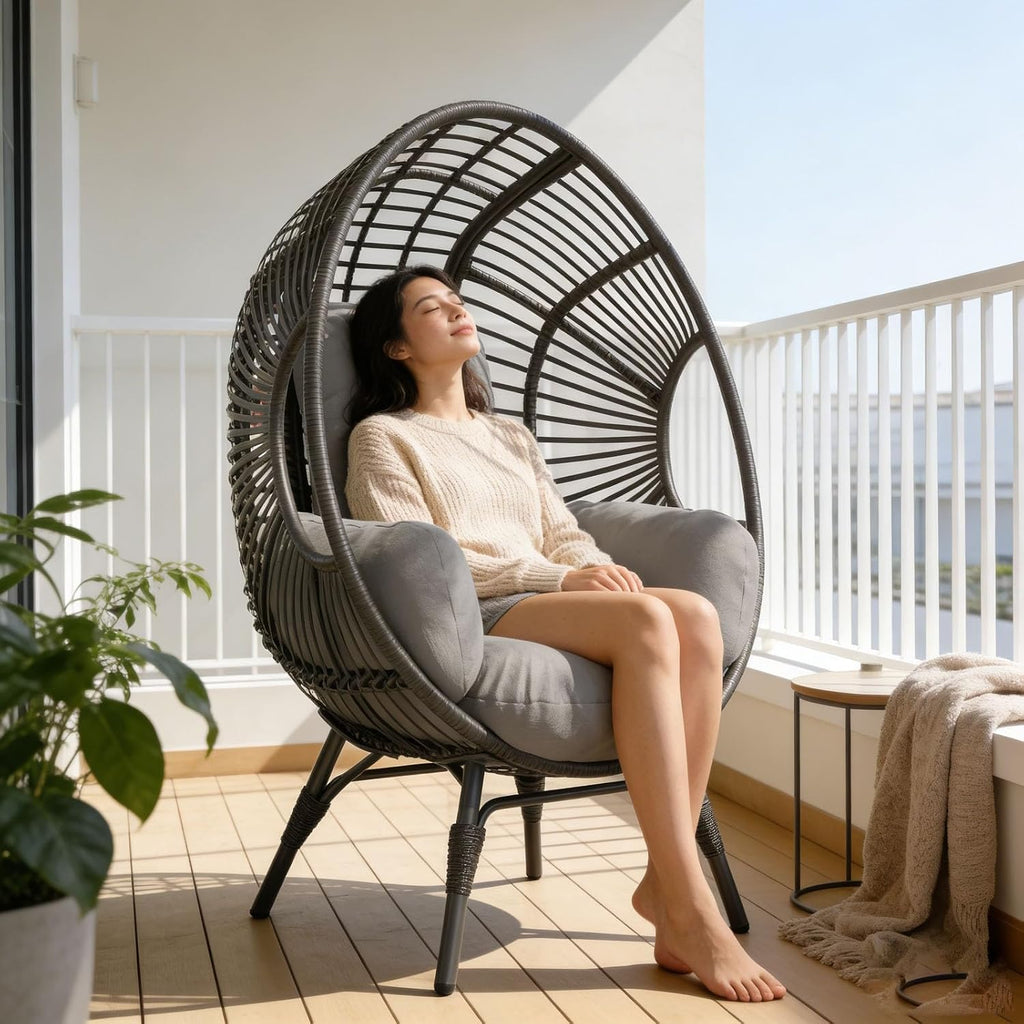 Outdoor Egg Chair Wicker Indoor, 8-Inch Deep Comfort Cushion, 400lbs Capacity, Semi-Enclosed Balcony Chairs(Black+Gray)