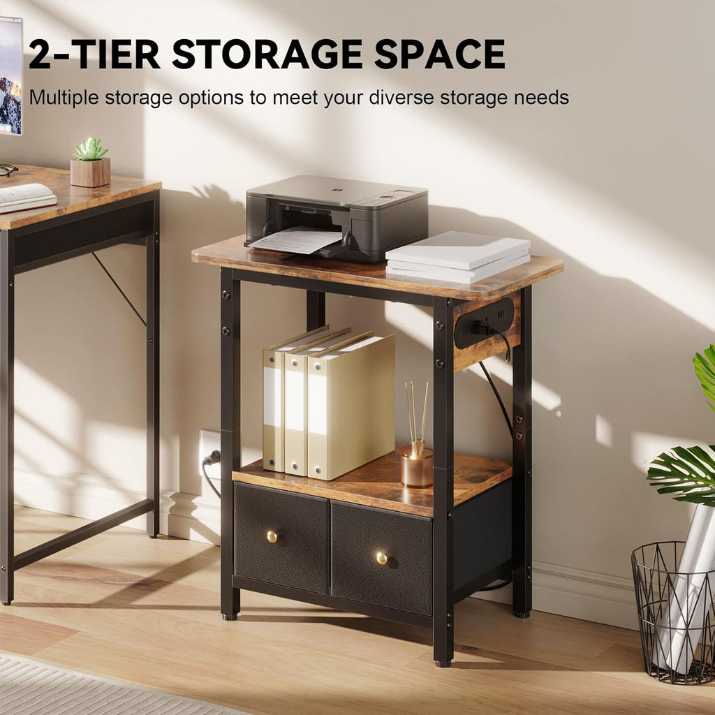 HLDIRECT 24" W End Table with Charging Station & USB Ports (Rustic Brown) | 2 Fabric Drawers & Storage Shelf ,Max Load 45 lbs, FSC-Certified MDF Wood, Metal Frame, Bedside Table for Small Space