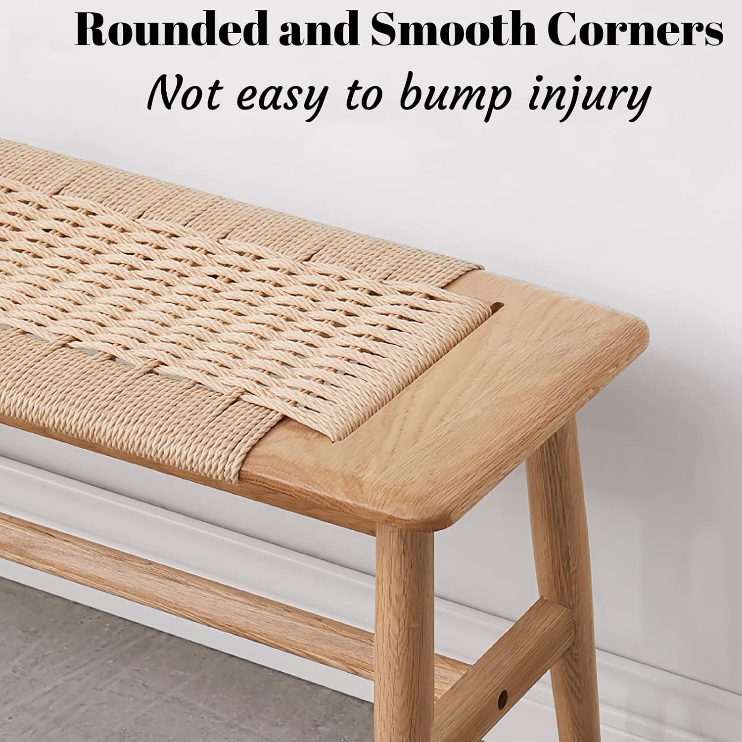 Wood Dining Bench,100% Natural Solid Oak with Rattan Design, Rounded Edge, Entryway Bench for Dining,Bedroom, Living Room (Beige Color, 31.49 inch)