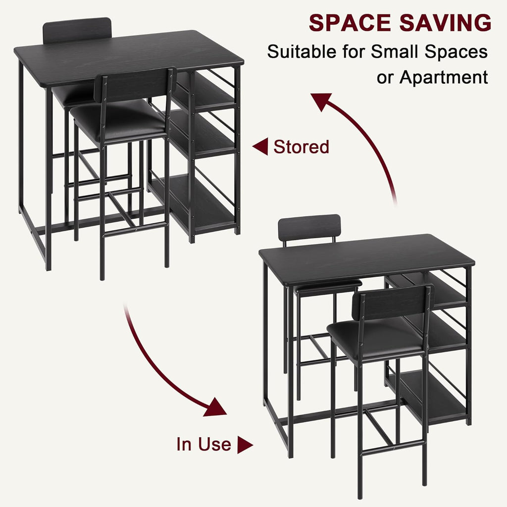 3-Piece Small Bar Table and Chairs Set for 2,Small Dining Table with 2 PU Cushioned Stools,3 Storage Shelves, Space Saving Kitchen Table Set for Breakfast Nook, Apartment, Bistro,Black.