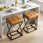 26 Inch Counter Height Bar Stools Set of 2, Backless Bar Stools for Kitchen Island, Faux Leather Upholstered Seat Modern Counter Stools with X-Frame Metal Legs and Footrest Walnut Brown