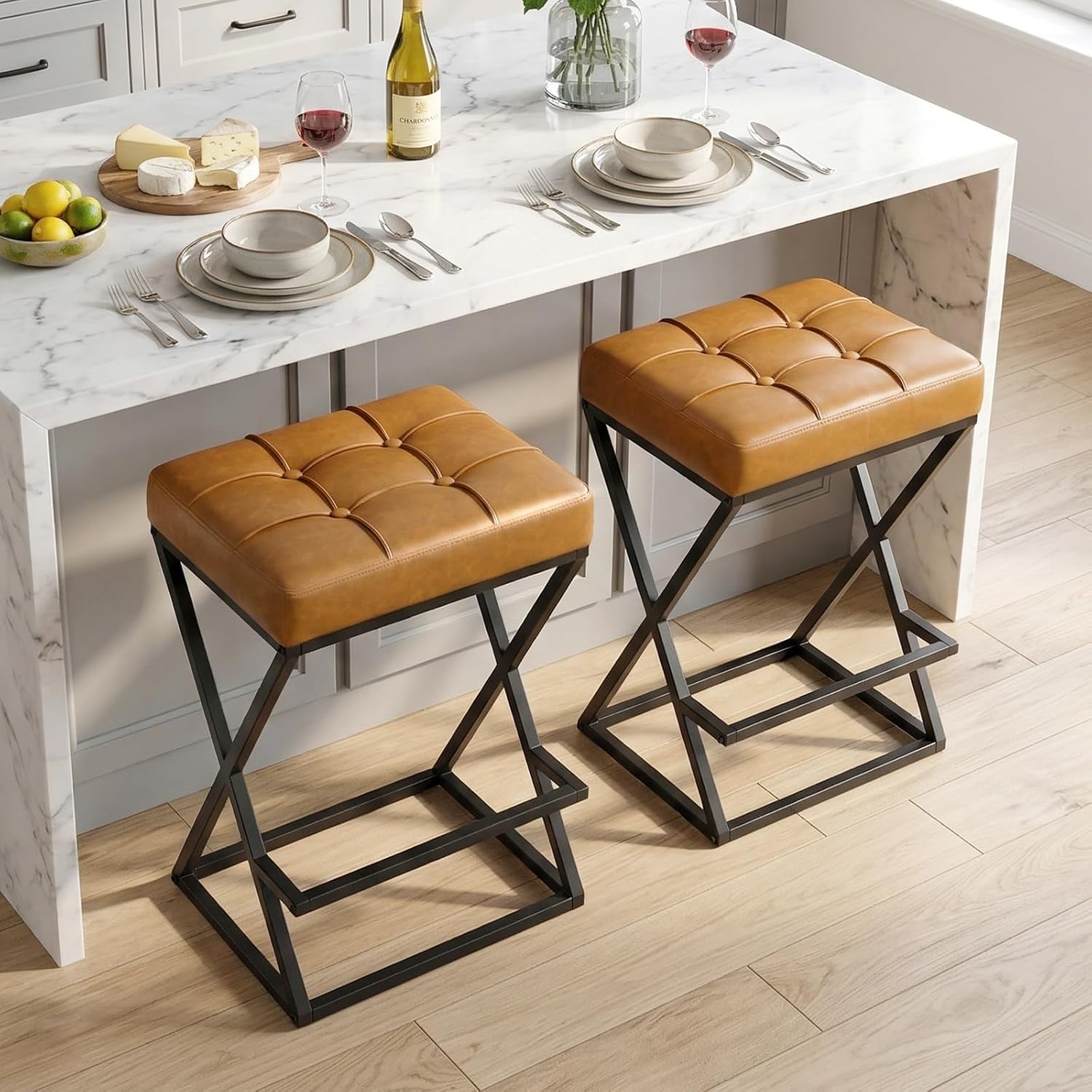26 Inch Counter Height Bar Stools Set of 2, Backless Bar Stools for Kitchen Island, Faux Leather Upholstered Seat Modern Counter Stools with X-Frame Metal Legs and Footrest Walnut Brown