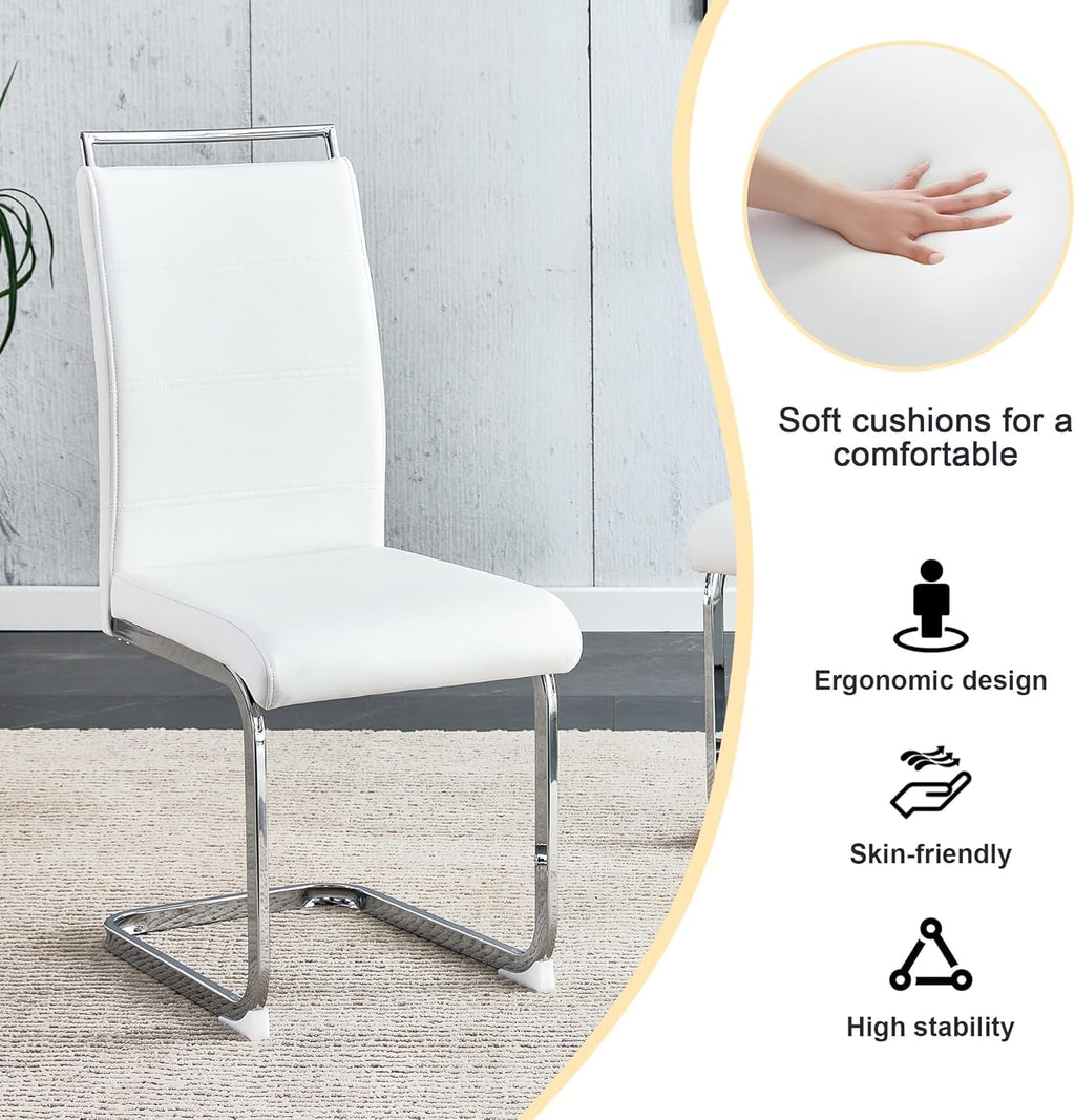 Dining Chairs Set 8, Armless White Kitchen Chairs,Waterproof Faux Leather Dinner Chairs with Upholstered Seat,Armless Side Chairs with Silver Metal Frame for Kitchen Dining Room