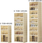 3Tier Foldable Shoe Rack Organizer for Closet,6Pairs Collapsible Plastic Shoe Shelf,Large Shoes Cabinet with Door,Clear Stackable Storage Box Easy Assembly,for Living Room(3Tier6Pairs Cream White)