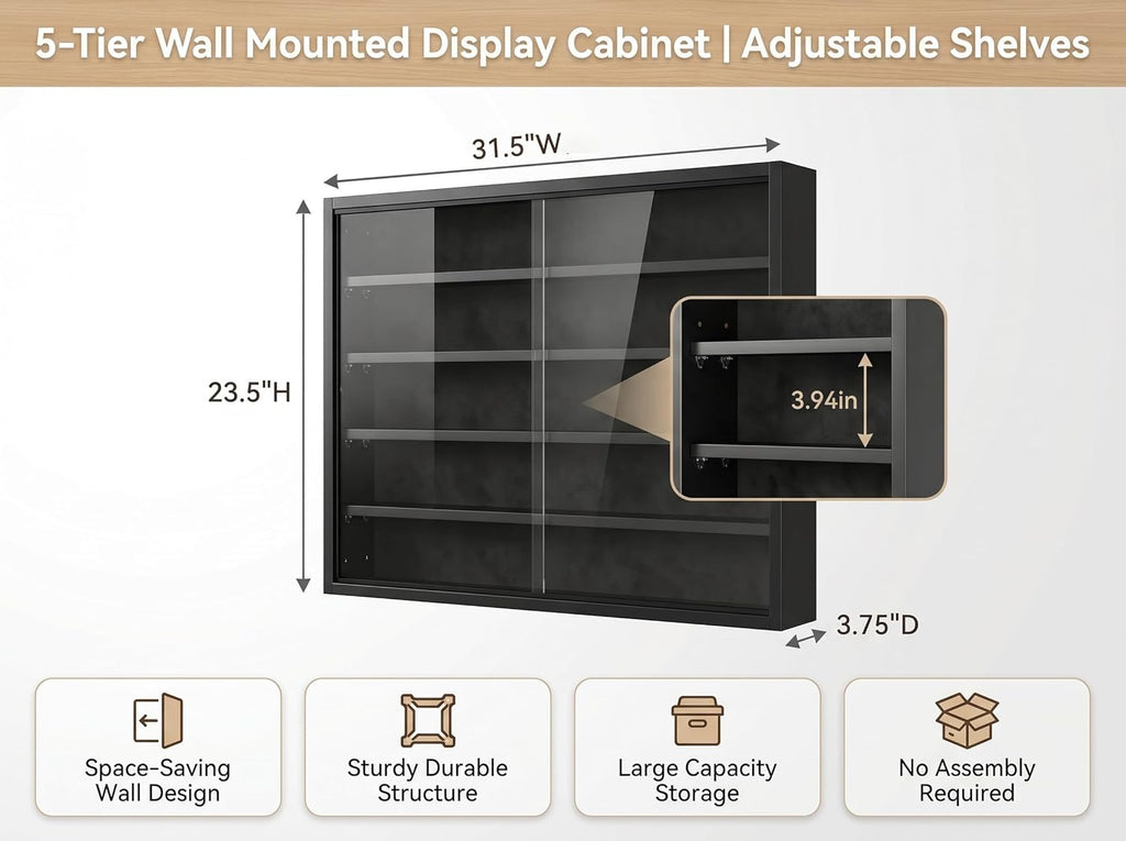 5-Tier Wall Mounted Shot Glass Display Case, No Assembly Required Wine Glass Display Cabinet with Glass Door & Adjustable Shelves, Bar Cabinet for Liquor Glasses, Bedroom Playroom, Black
