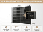 5-Tier Wall Mounted Shot Glass Display Case, No Assembly Required Wine Glass Display Cabinet with Glass Door & Adjustable Shelves, Bar Cabinet for Liquor Glasses, Bedroom Playroom, Black