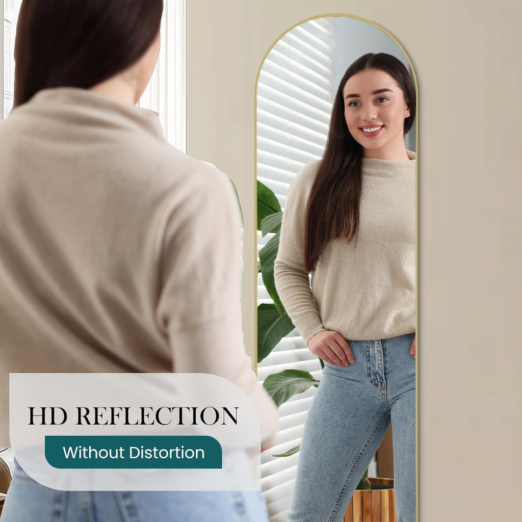 NEWBULIG Arched Mirror Full Length, 16"x59" Body Wall Mirrors with Shatter-Proof Glass, Upgraded Floor Standing Mirror, Hanging or Leaning, with Stand Aluminum Alloy Frame for Home Decor, Gold