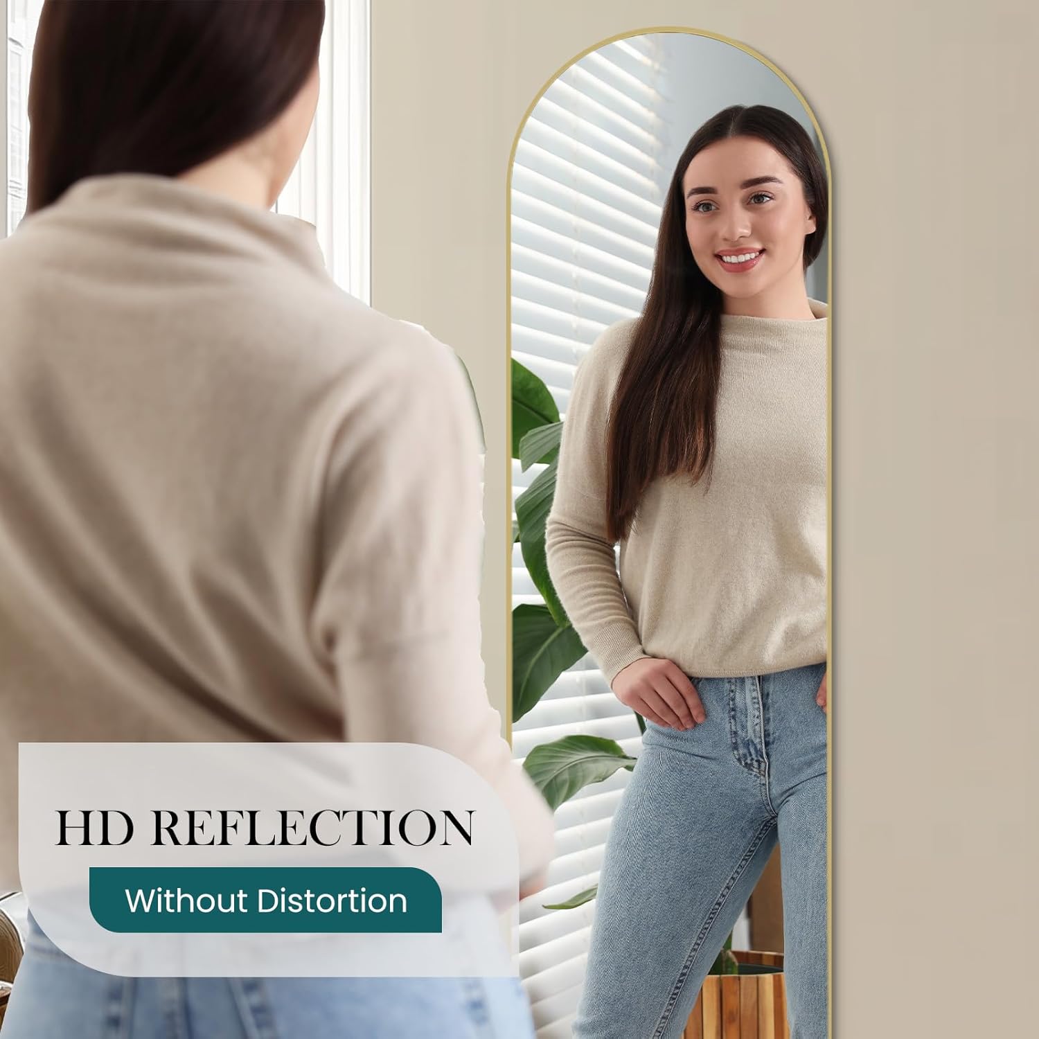 NEWBULIG Arched Mirror Full Length, 16"x59" Body Wall Mirrors with Shatter-Proof Glass, Upgraded Floor Standing Mirror, Hanging or Leaning, with Stand Aluminum Alloy Frame for Home Decor, Gold