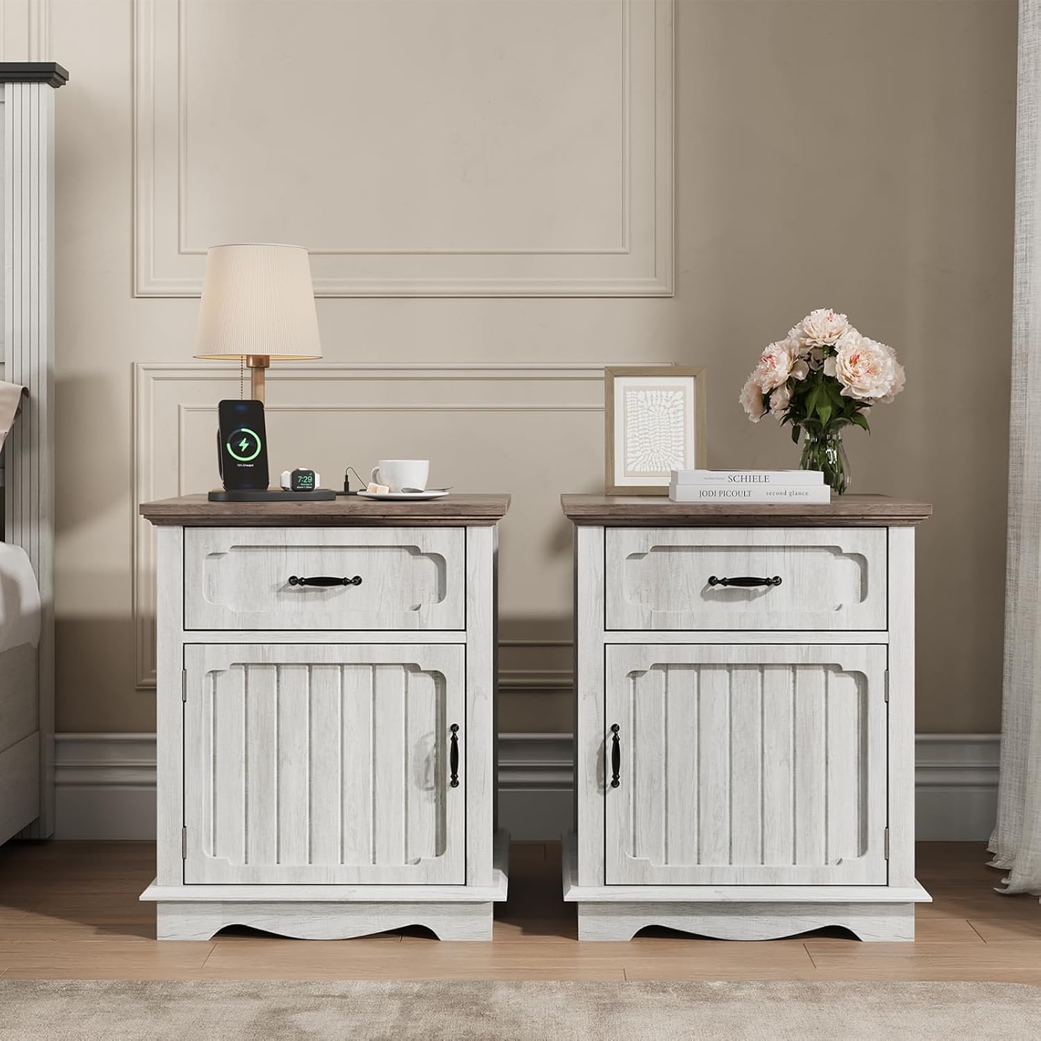 Halitaa Nightstands Set of 2 with Charging Station, White Oak | Bedside Table with Large Drawer, Side Table with Storage Cabinet and Adjustable Shelf, Farmhouse End Table for Bedroom