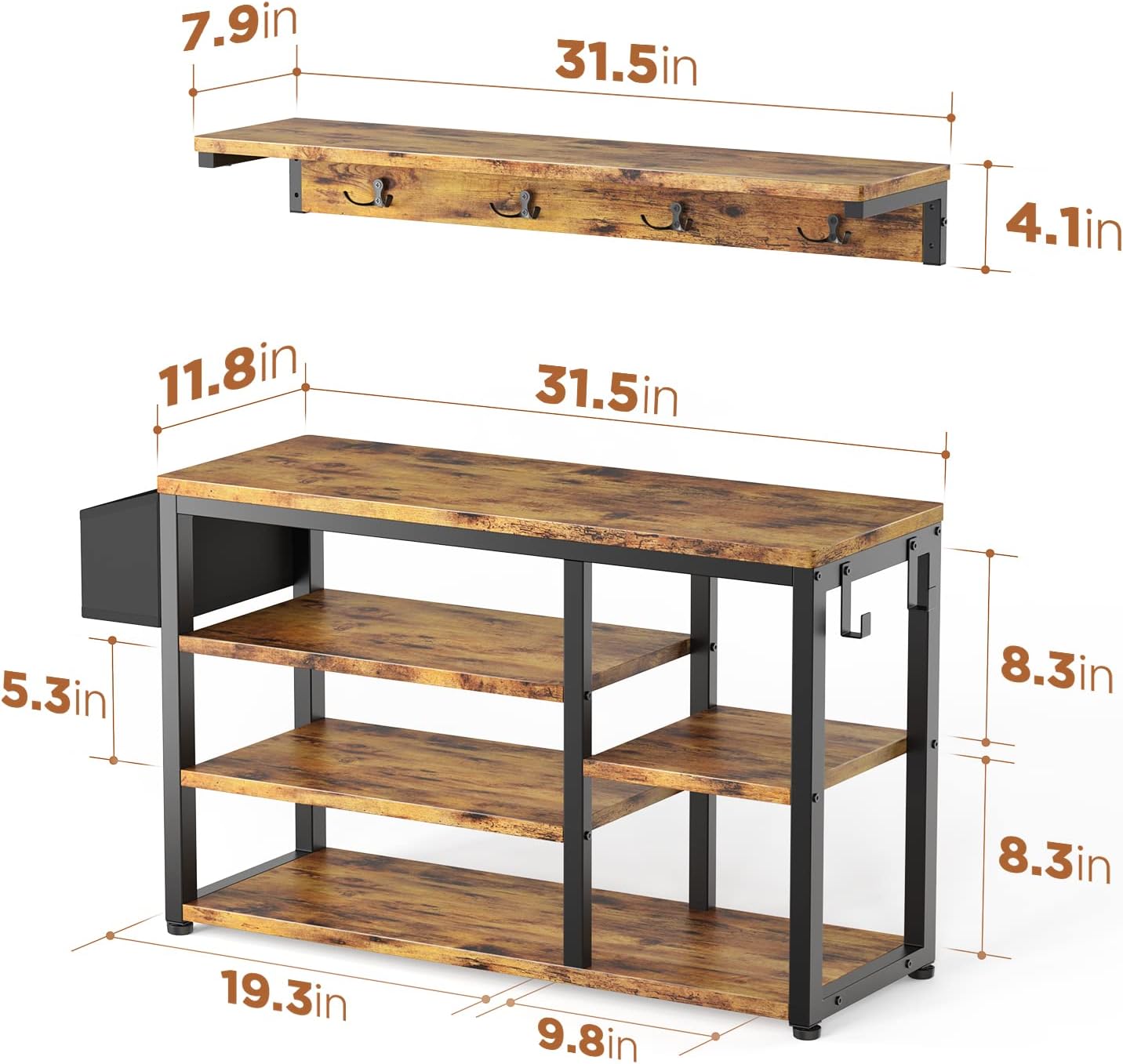 Aiho Entryway Hall Tree Bench with Storage, Industrial Shoe Rack Bench with 4 Hooks, Rustic Brown
