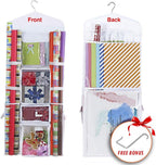 Wrapping Paper Storage Hanging Over the Door Gift Wrap Organizer Double Sided Front and Back Pockets Store Gift Wrap Gift Bags Ribbon Bows Accessories 40”x17” Fits Long 40 Inch Rolls (White)