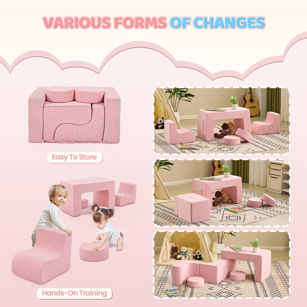 JOYMOR Modular Kids Play Couch, 6PCS Convertible Corduroy Foam Sofa Set, DIY Building Fort for Toddlers, Soft Kids Furniture for Playroom, Bedroom, Gift for Boys & Girls, Pink | Soft Sponge