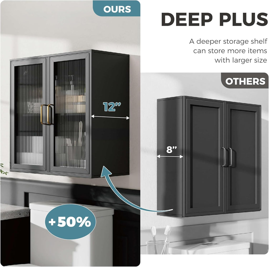 24”W Wall Cabinet with Acrylic Glass Doors Set of 2, Kitchen Wall Cabinets with Adjustable Shelf, Laundry Room Wall Mounted Cabinet, Bathroom Wall Cabinet with Light(Black)