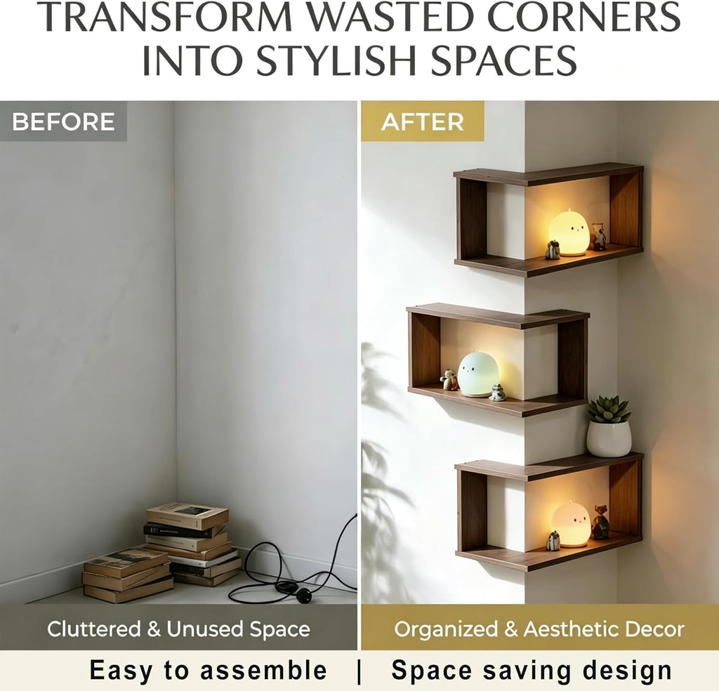 LIYAOLI Floating Shelves for Inside & Outside Corners Wall Shelves, Modern Wooden Corner Shelf Wall Mounted for Bedroom Living Room Bathroom Kitchen,Space Saving Wall Decor (Vintage - Set of 3)