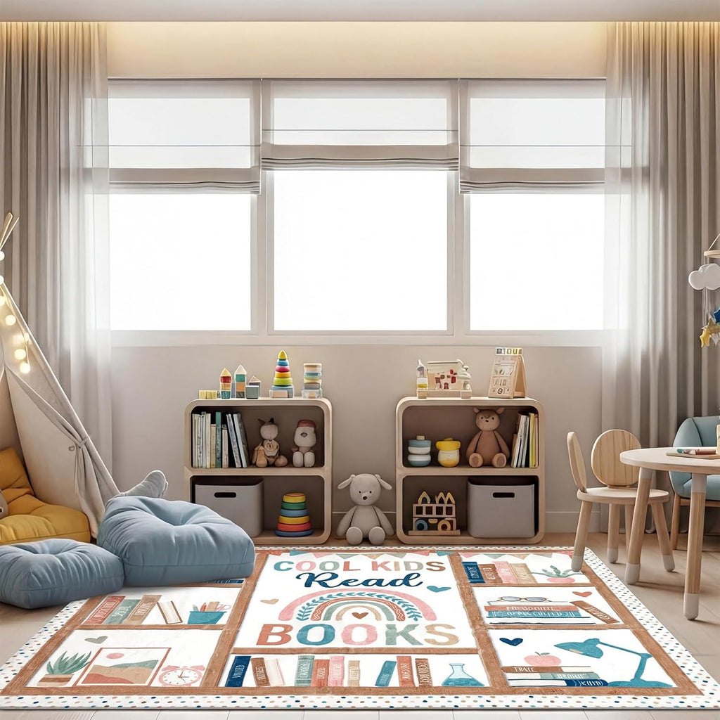 3.3 x 3.9 ft Boho Classroom Rug Library Reading Rug Calming Corner Mat Bookshelf Mental Health Area Washable Non Slip Soft Fluffy Carpet for School Bedroom Living Room Playroom