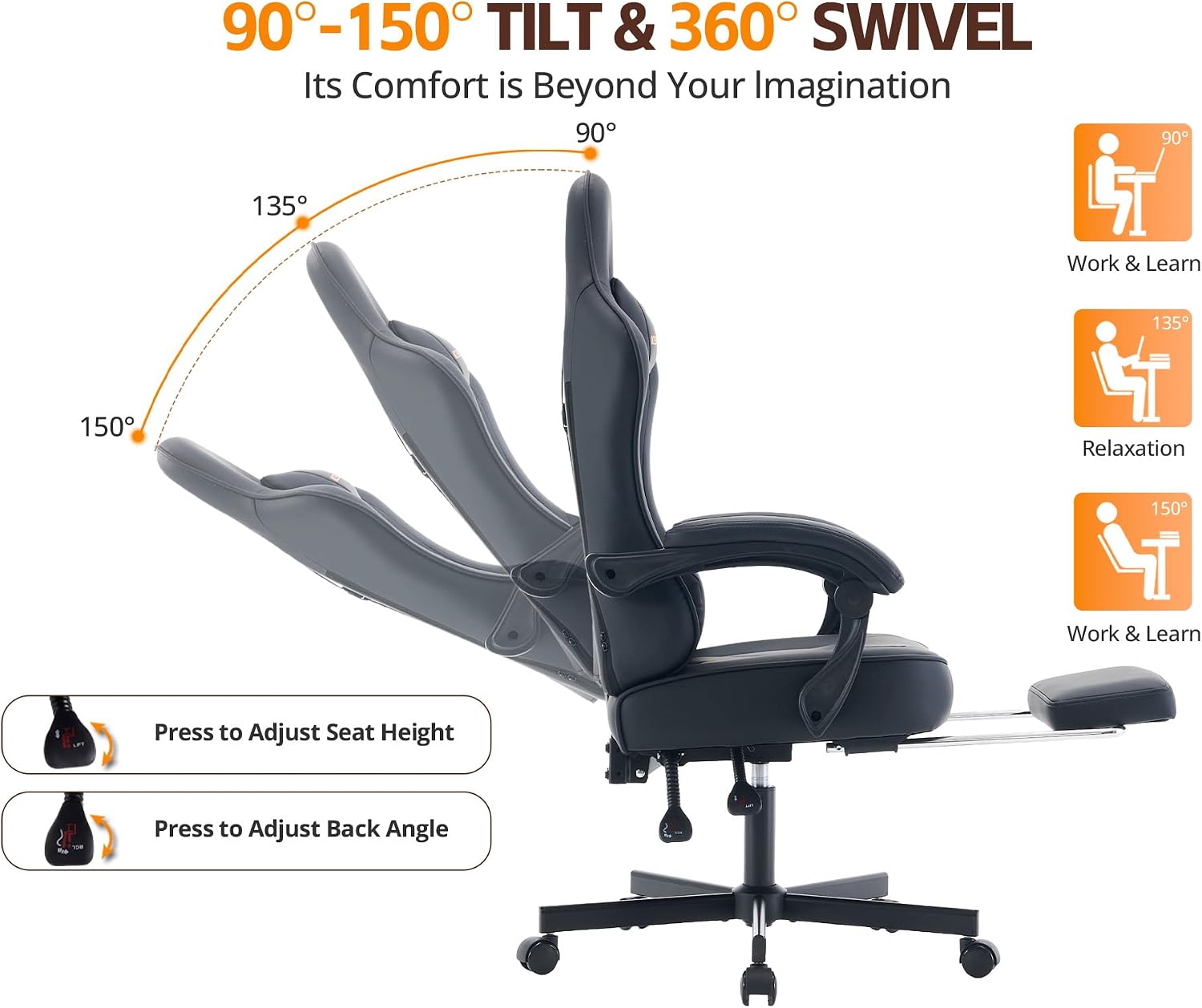 Gaming Chair with Footrest, Ergonomic Reclining Computer Chair, Height Adjustable, Lumbar Support, Adjustable Headrest, 360° Swivel High Back Chair for Home, Gaming (Black Leather)